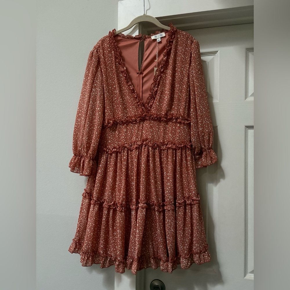 She + Sky Terracotta Floral Long Sleeve Dress